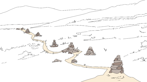 Row of small cairns marking a simple daily path